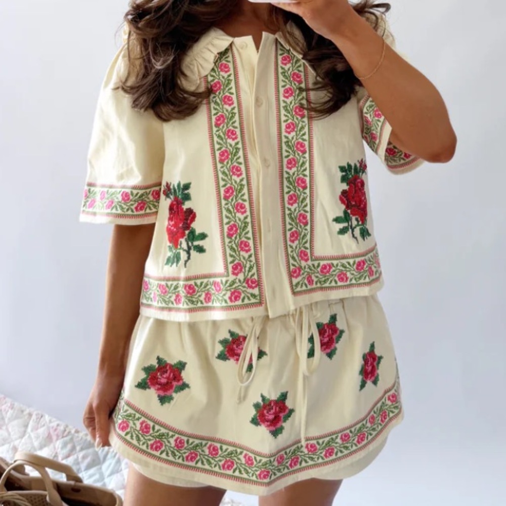 Embroidered Cream Two-Piece Skort Set with Pink & Green Floral Accents